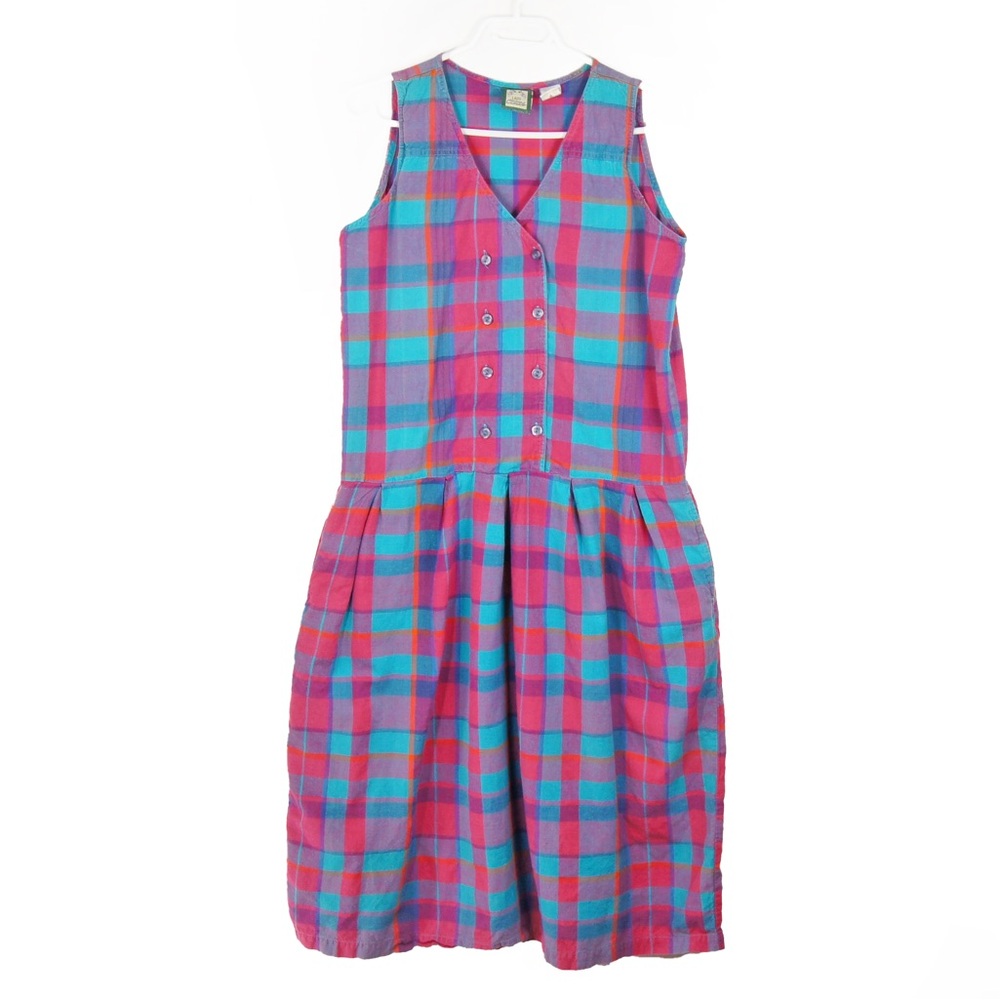Vintage 80s Pink Blue Checker Plaid Sleeveless Button-Down Sundress